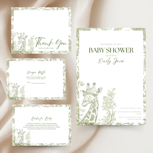 Baby Shower Invitation Bundle - Green Safari Chinoiserie Giraffe BS21