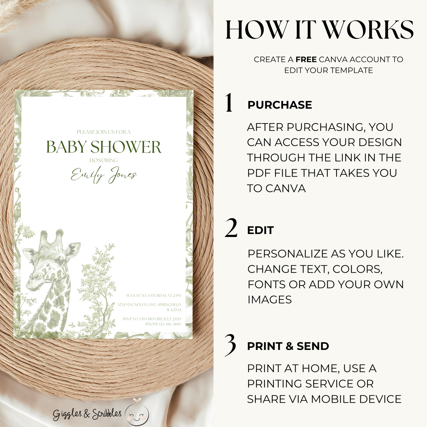 Baby Shower Invitation - Green Safari Chinoiserie Giraffe BS21