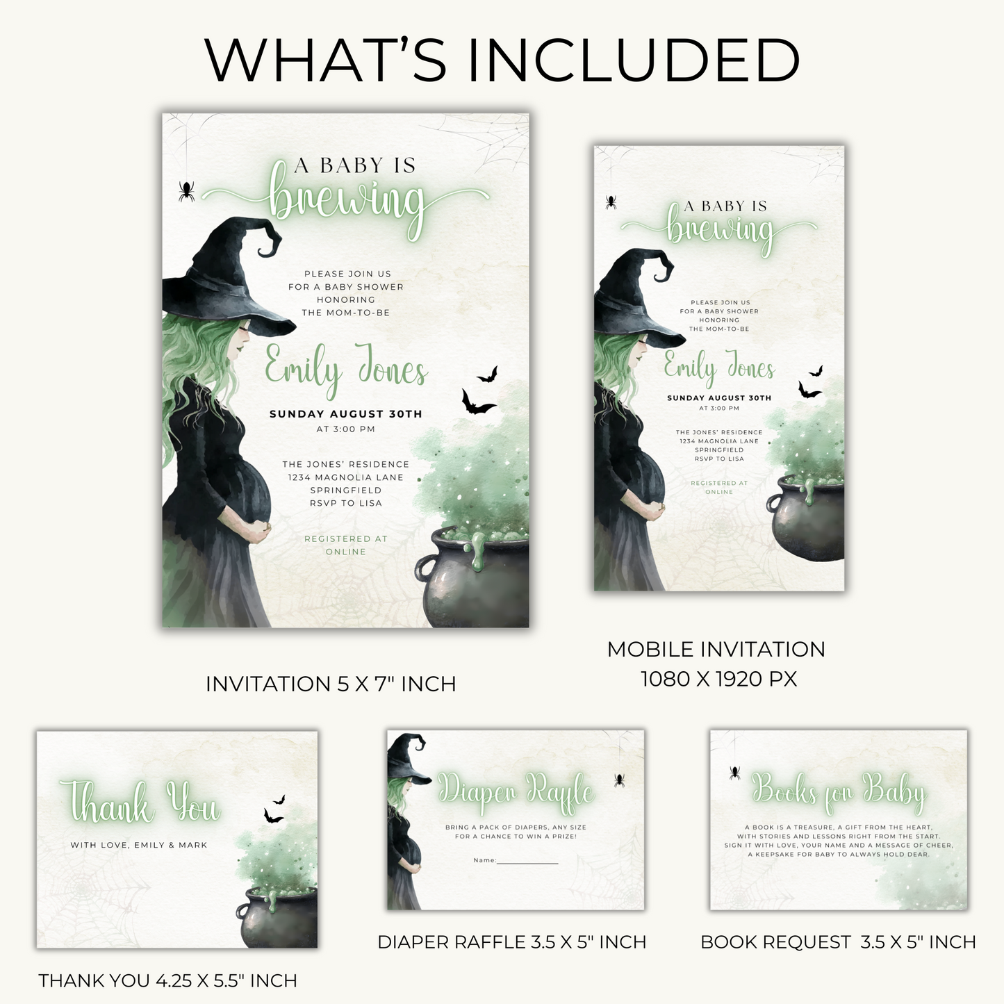 Baby Shower Invitation Bundle - Green Witch Halloween A Baby Is Brewing BS200