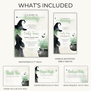 Baby Shower Invitation Bundle - Green Witch Halloween A Baby Is Brewing BS200