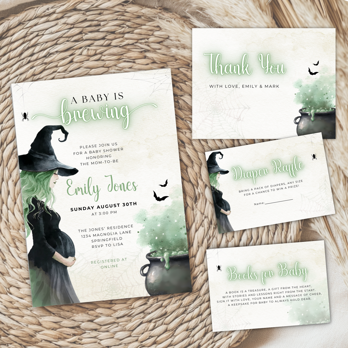 Baby Shower Invitation Bundle - Green Witch Halloween A Baby Is Brewing BS200