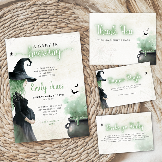 Baby Shower Invitation Bundle - Green Witch Halloween A Baby Is Brewing BS200