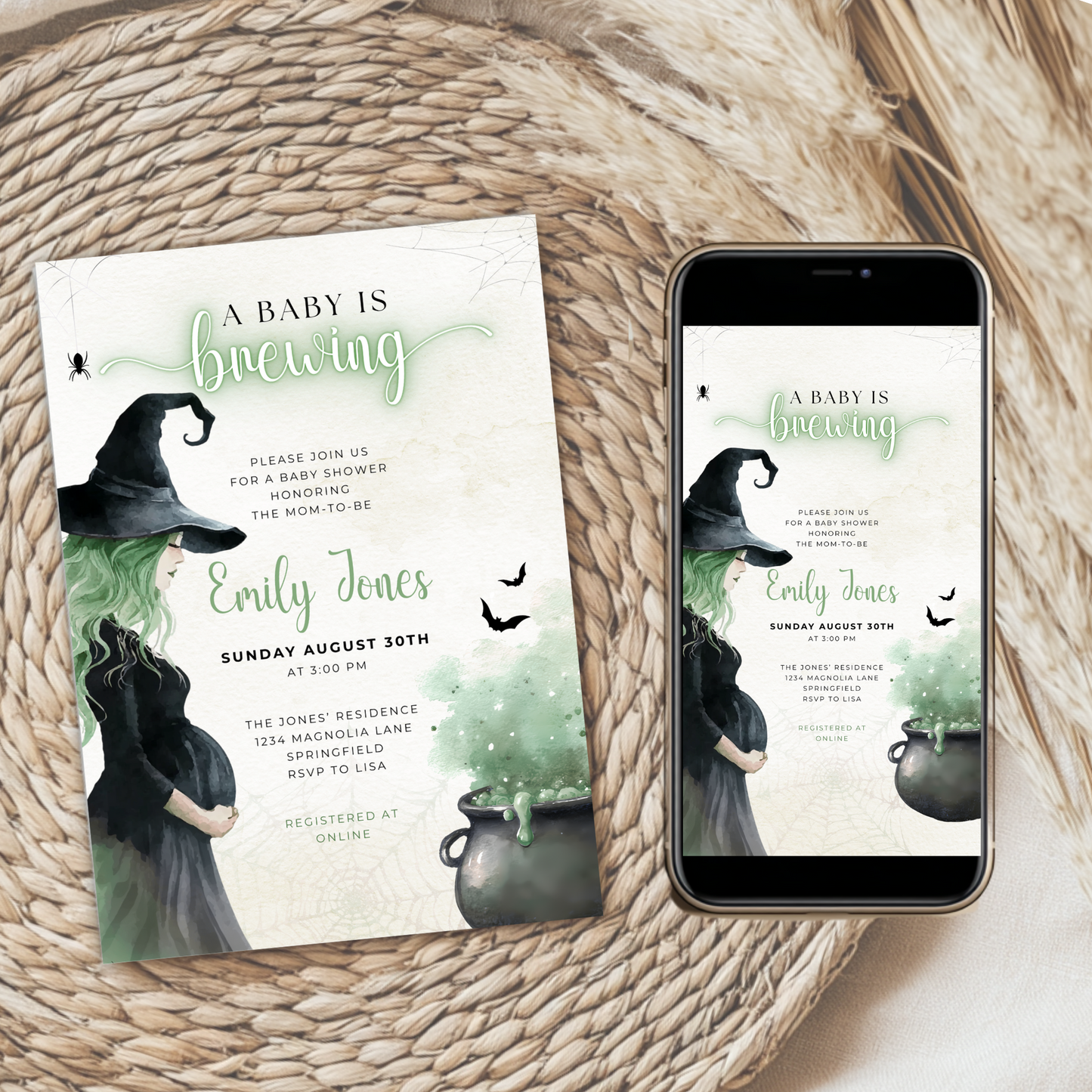 Baby Shower Invitation Bundle - Green Witch Halloween A Baby Is Brewing BS200