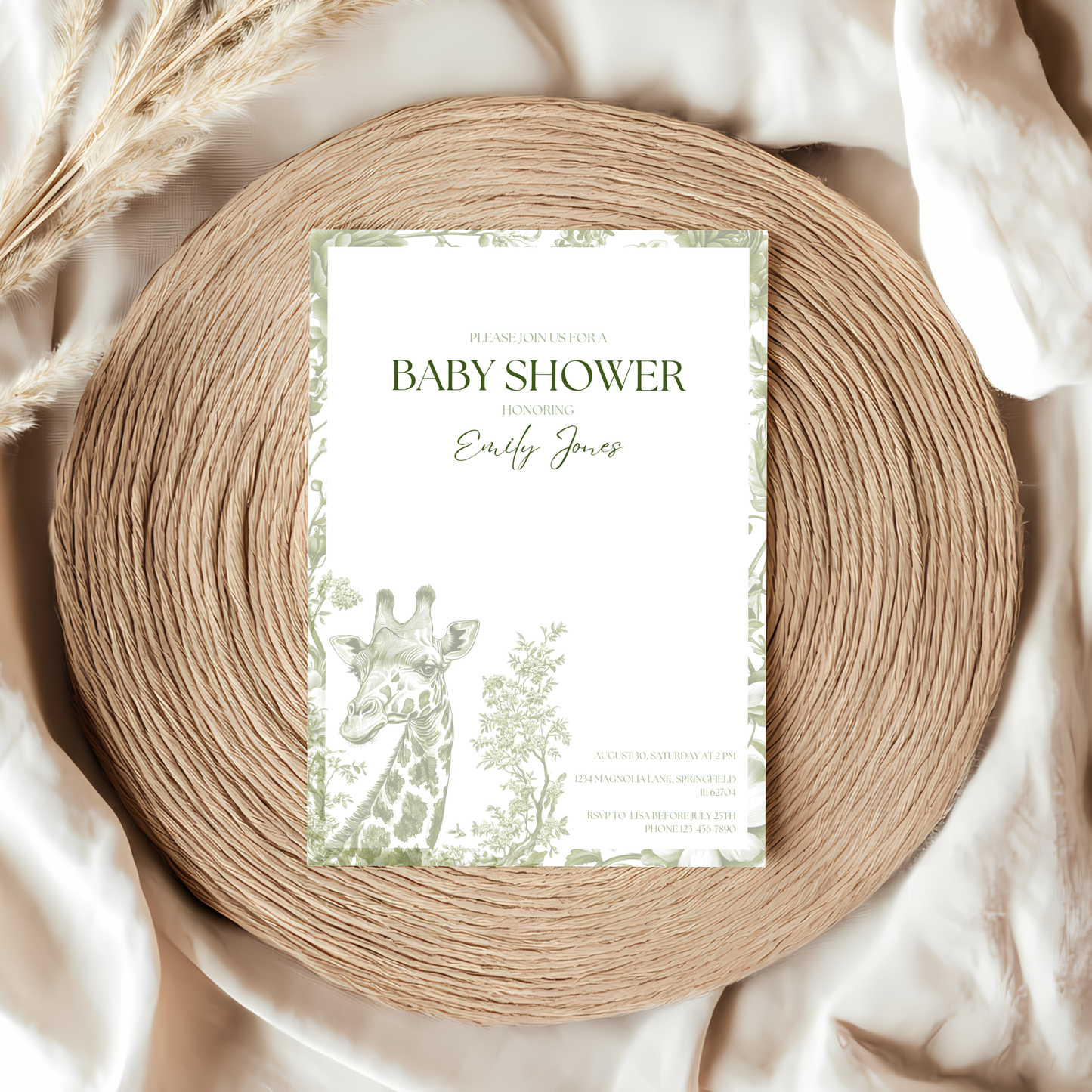 Baby Shower Invitation - Green Safari Chinoiserie Giraffe BS21