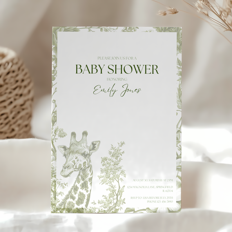Baby Shower Invitation Bundle - Green Safari Chinoiserie Giraffe BS21