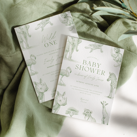 Baby Shower Invitation - Green Toile Safari with Animals Elephant Rhino Giraffe BS186