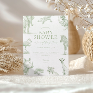 Baby Shower Invitation - Green Toile Safari with Animals Elephant Rhino Giraffe BS186