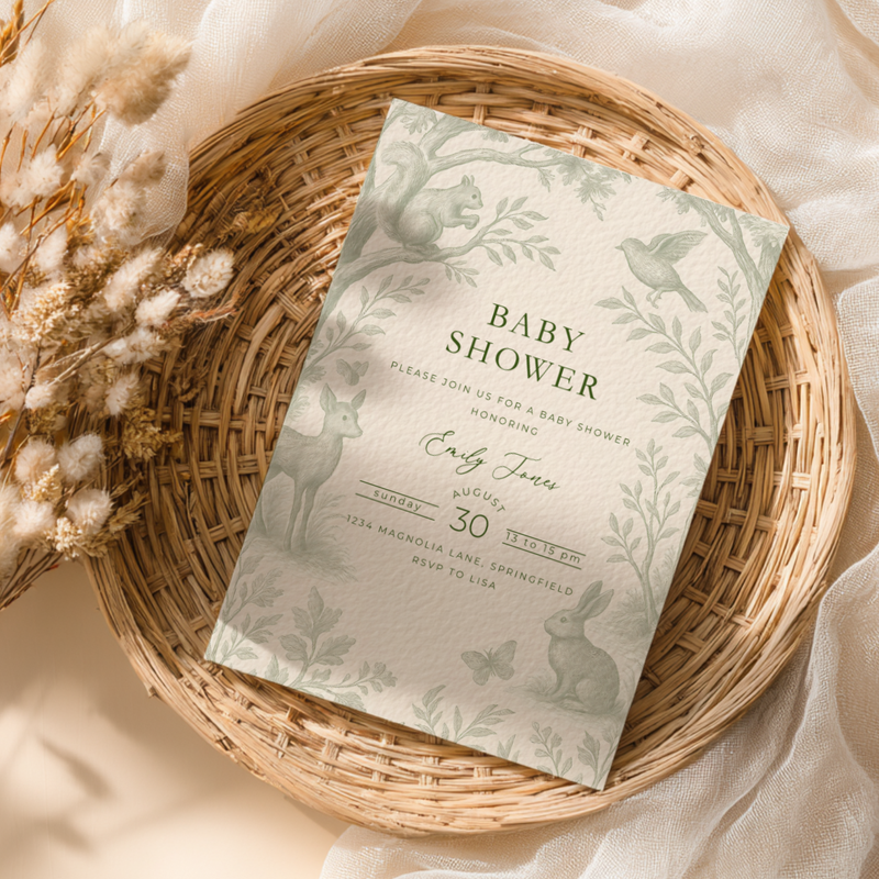 Green Toile Woodland Baby Shower Invitation Bundle BS255
