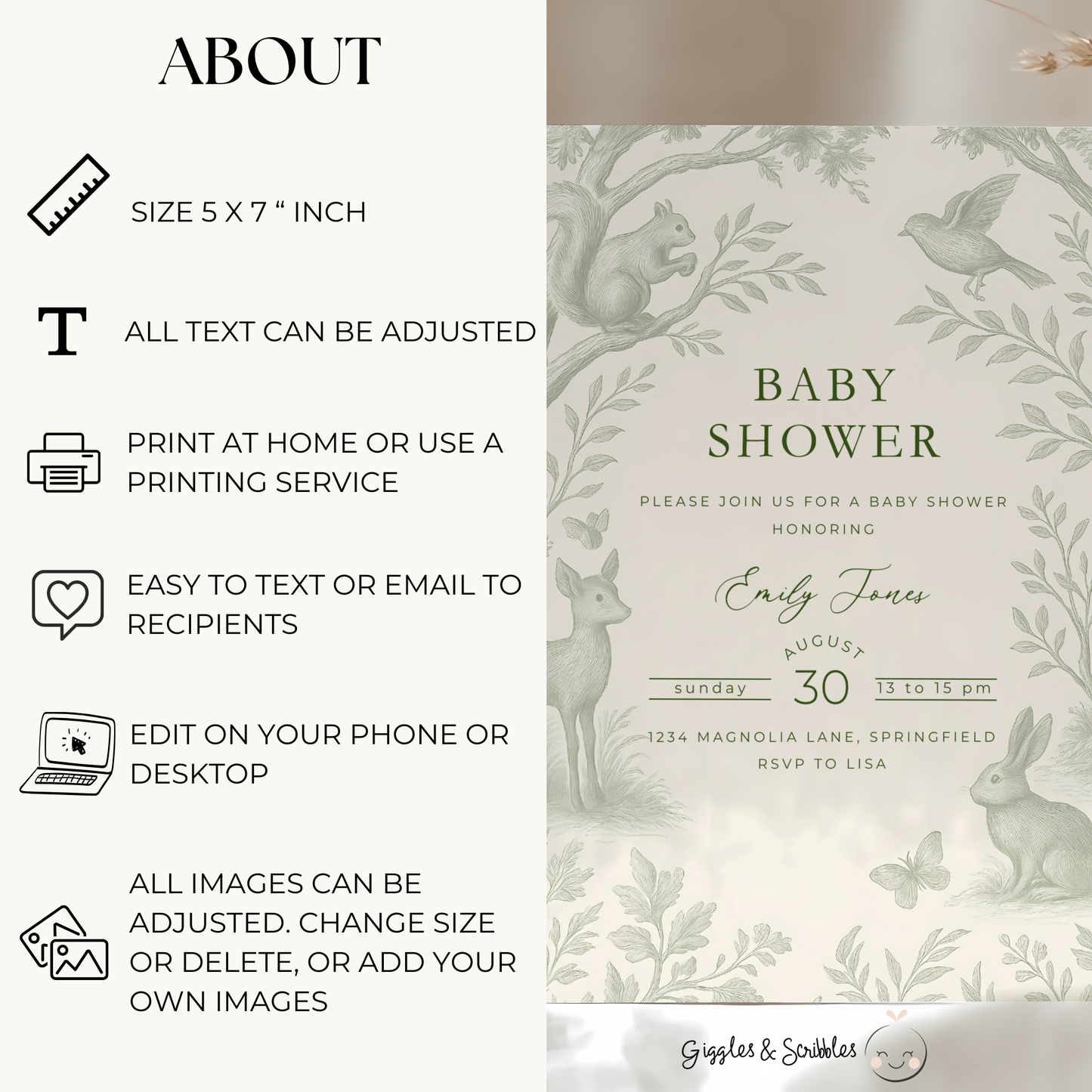 Baby Shower Invitation - Woodland Animals Gender Neutral Green Toile BS255