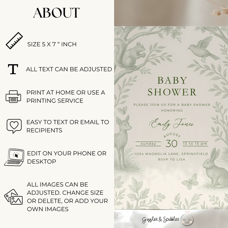 Green Woodland Baby Shower Invitation BS255