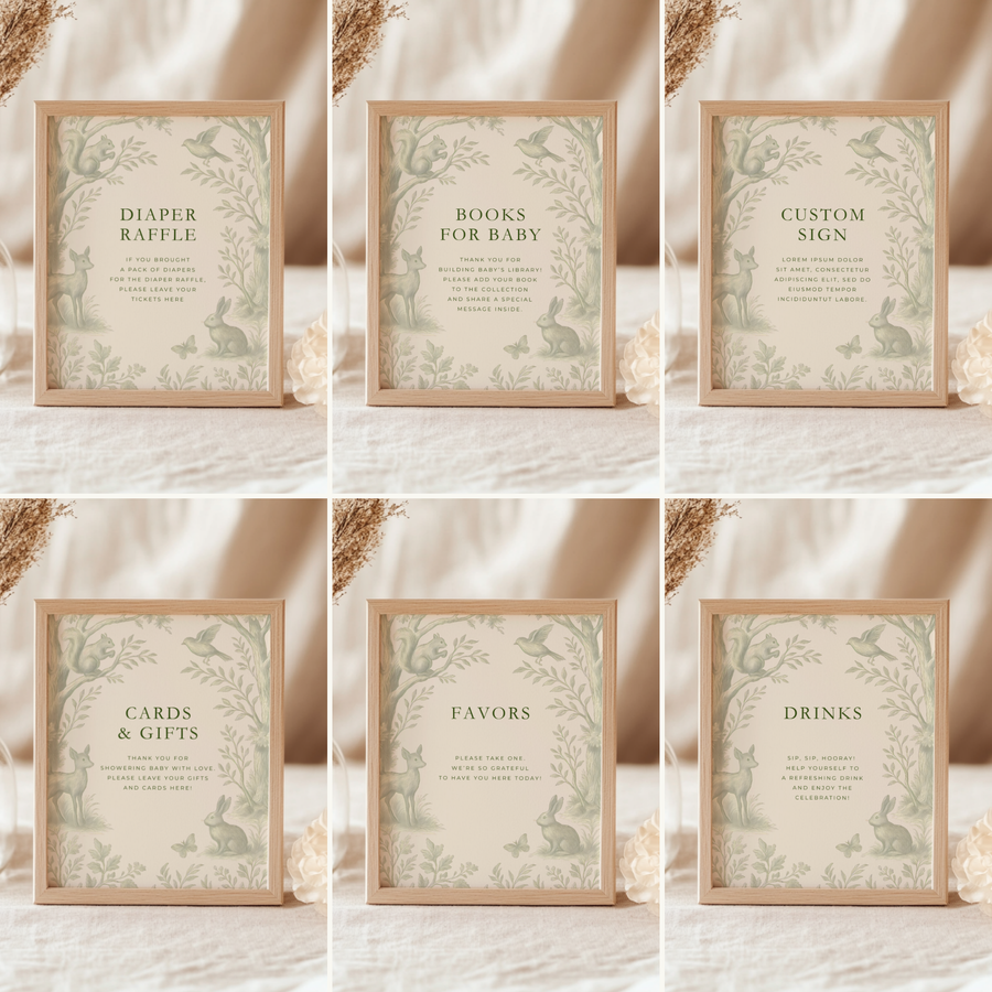 Green Woodland Baby Shower Table Signs Bundle BS255