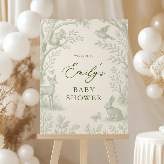 Sage Green Woodland Toile Baby Shower Welcome Sign BS255