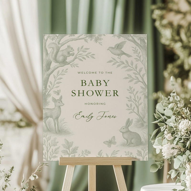 Sage Green Woodland Toile Baby Shower Welcome Sign BS255