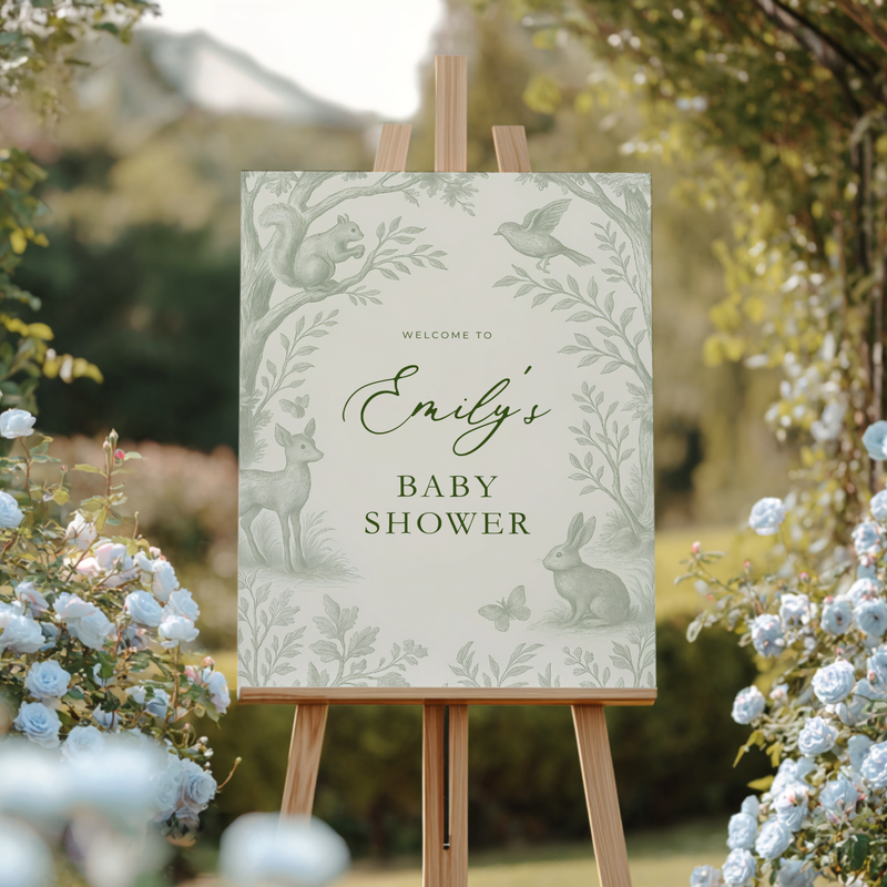 Sage Green Woodland Toile Baby Shower Welcome Sign BS255