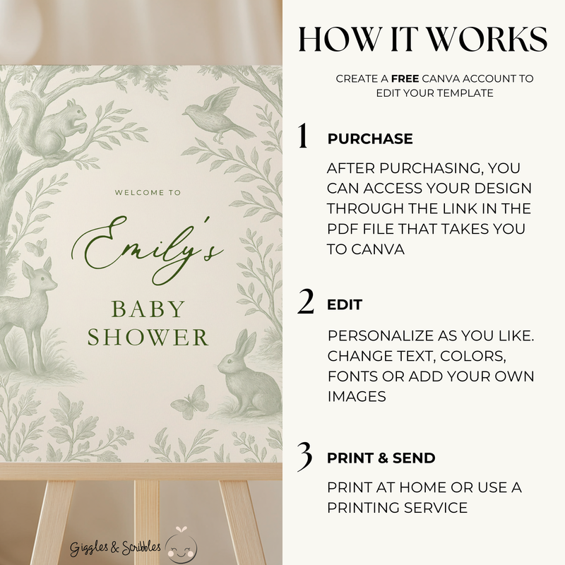 Sage Green Woodland Toile Baby Shower Welcome Sign BS255
