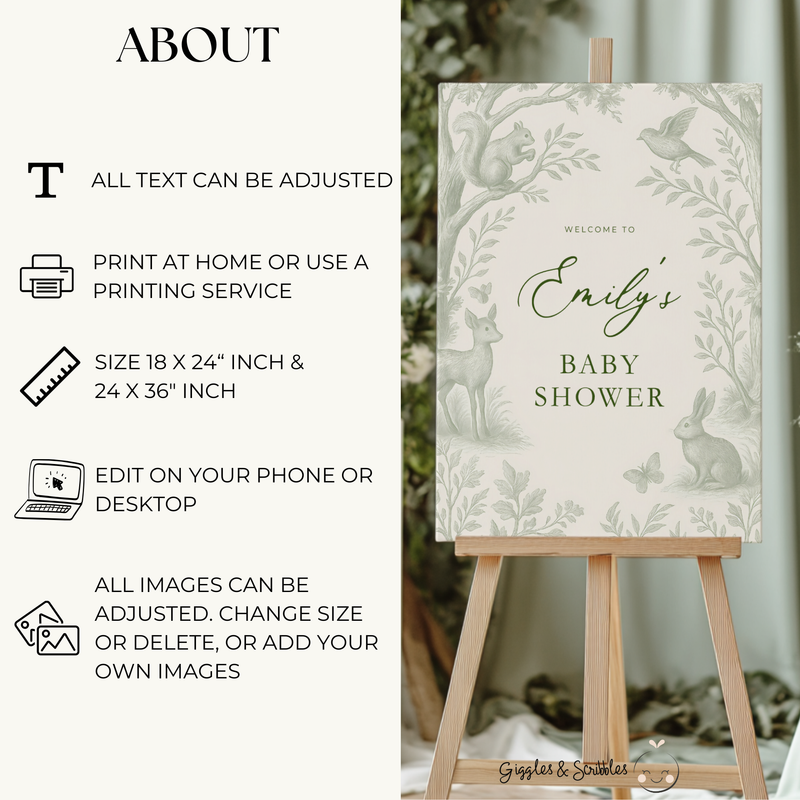 Sage Green Woodland Toile Baby Shower Welcome Sign BS255