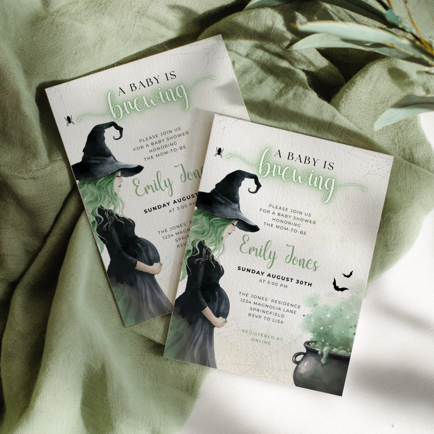 Baby Shower Invitation Bundle - Green Witch Halloween A Baby Is Brewing BS200