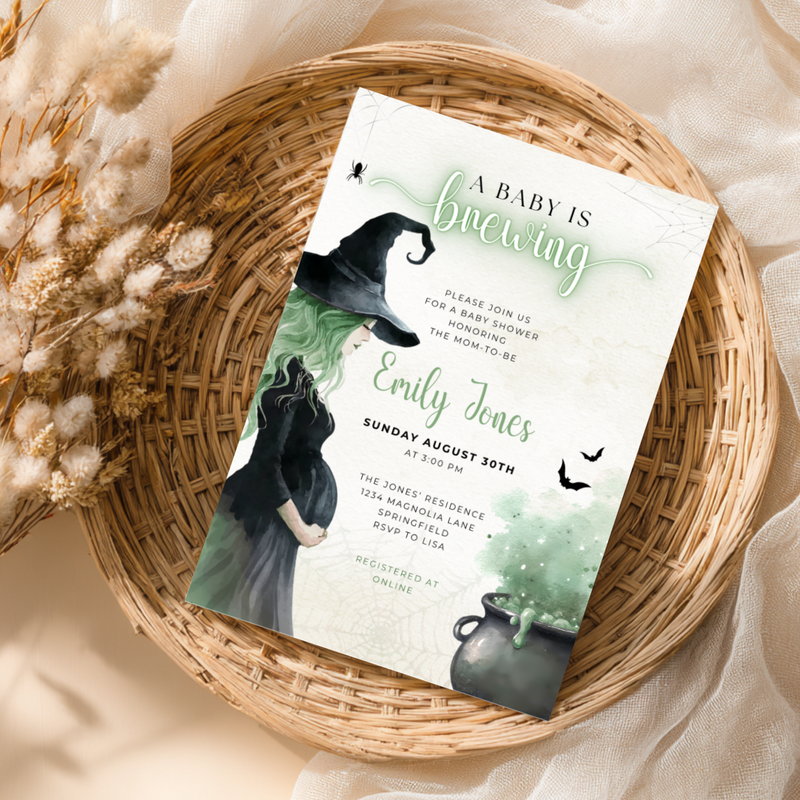 Baby Shower Invitation - Green Witch Halloween A Baby Is Brewing Theme BS200
