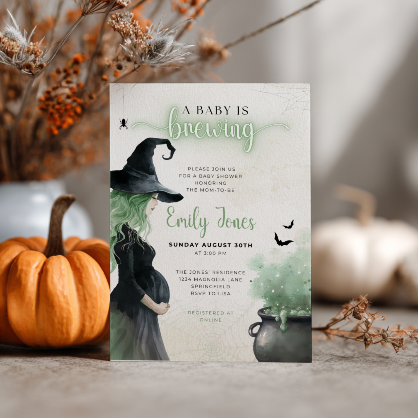 Baby Shower Invitation - Green Witch Halloween A Baby Is Brewing Theme BS200