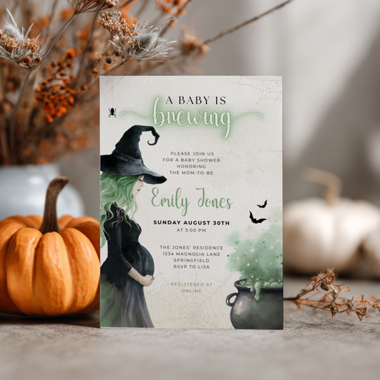 Baby Shower Invitation - Green Witch Halloween A Baby Is Brewing Theme BS200