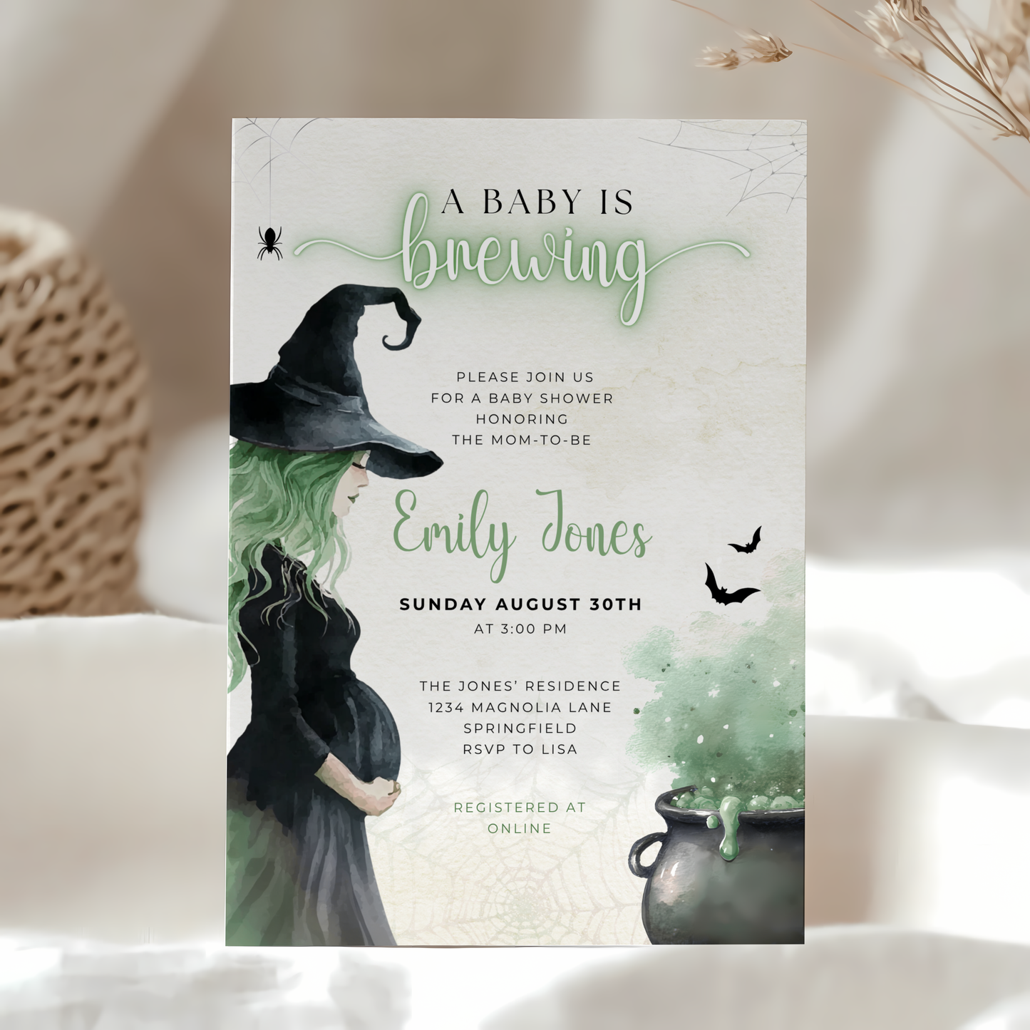 Baby Shower Invitation Bundle - Green Witch Halloween A Baby Is Brewing BS200