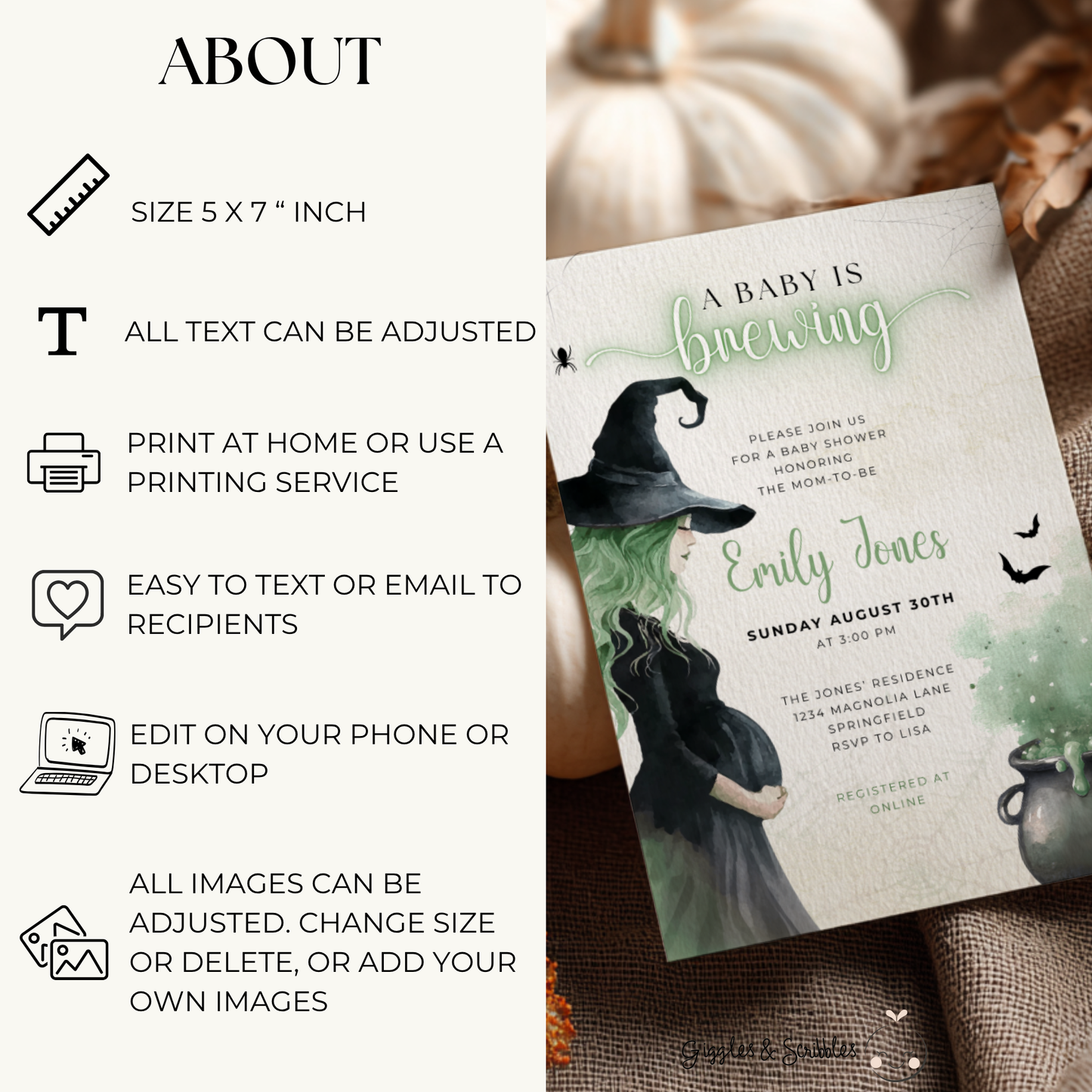 Baby Shower Invitation - Green Witch Halloween A Baby Is Brewing Theme BS200