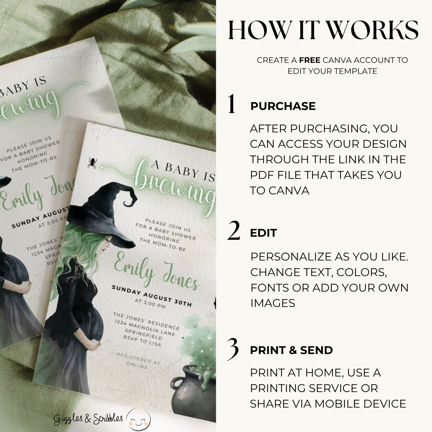 Baby Shower Invitation Bundle - Green Witch Halloween A Baby Is Brewing BS200