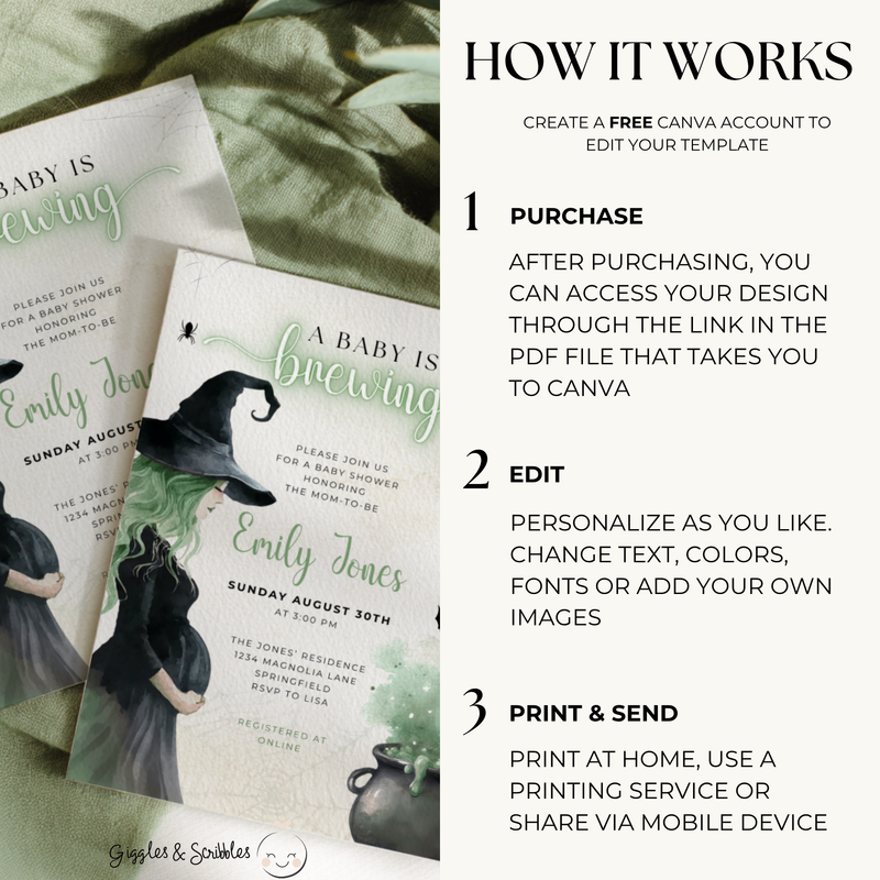 Baby Shower Invitation Bundle - Green Witch Halloween A Baby Is Brewing BS200