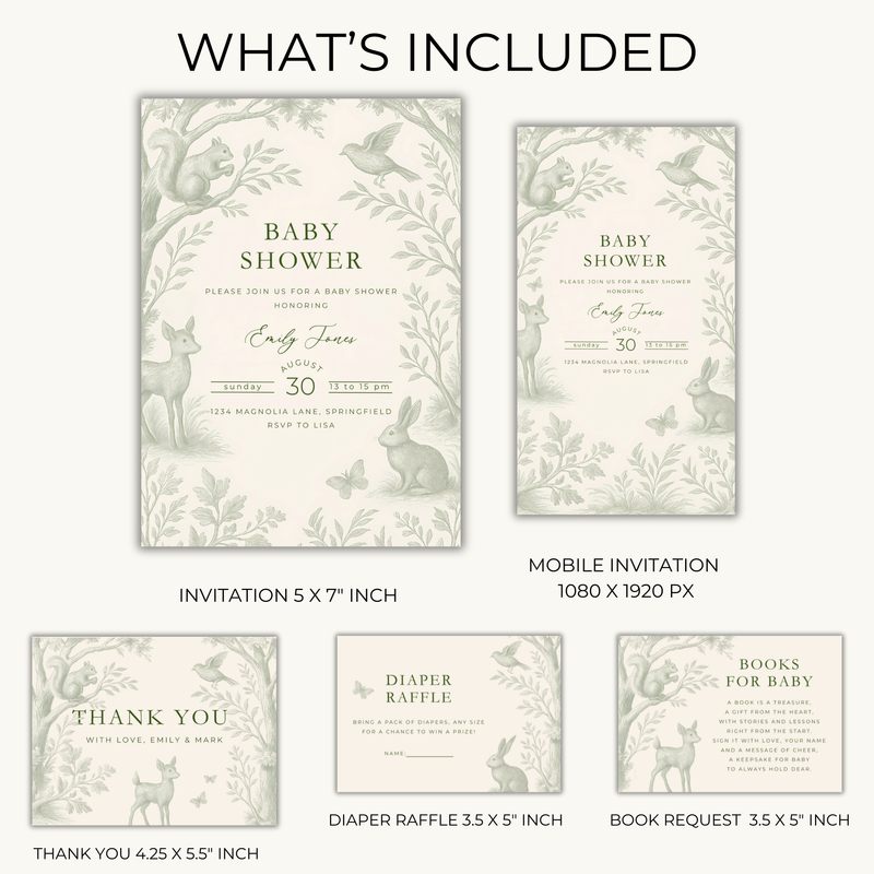Green Toile Woodland Baby Shower Invitation Bundle BS255