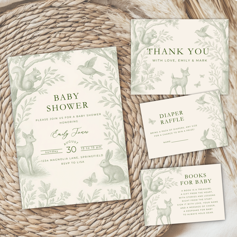 Green Toile Woodland Baby Shower Invitation Bundle BS255