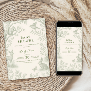 Green Toile Woodland Baby Shower Invitation Bundle BS255