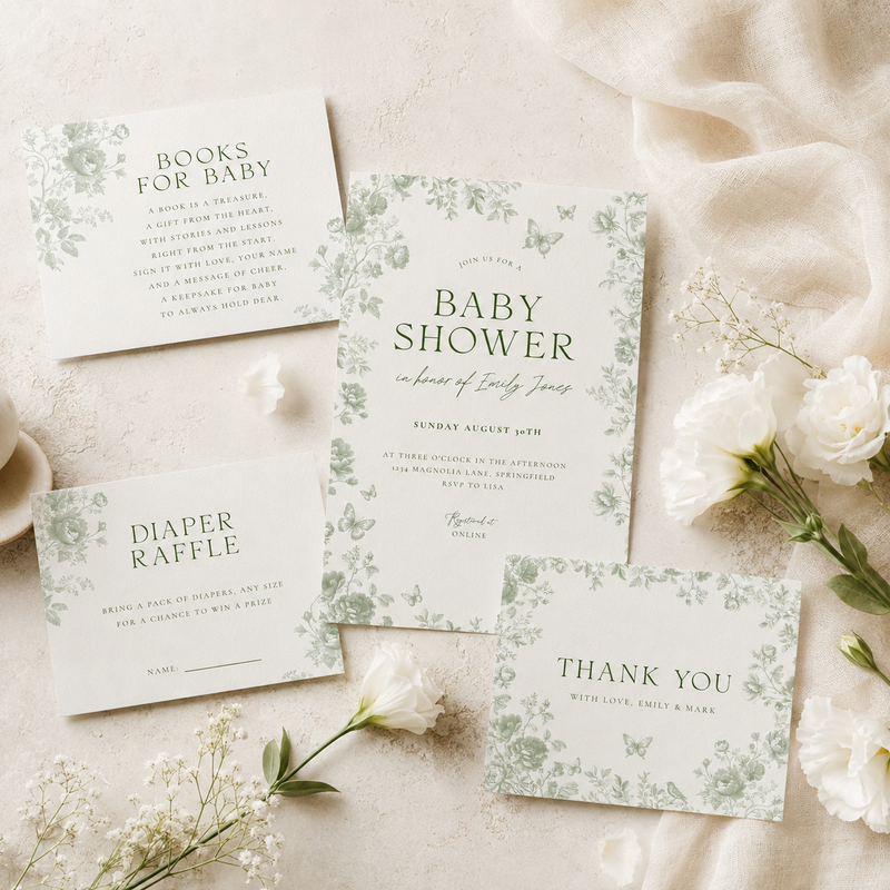 Sage Green Toile Baby Shower Invitation Bundle BS187