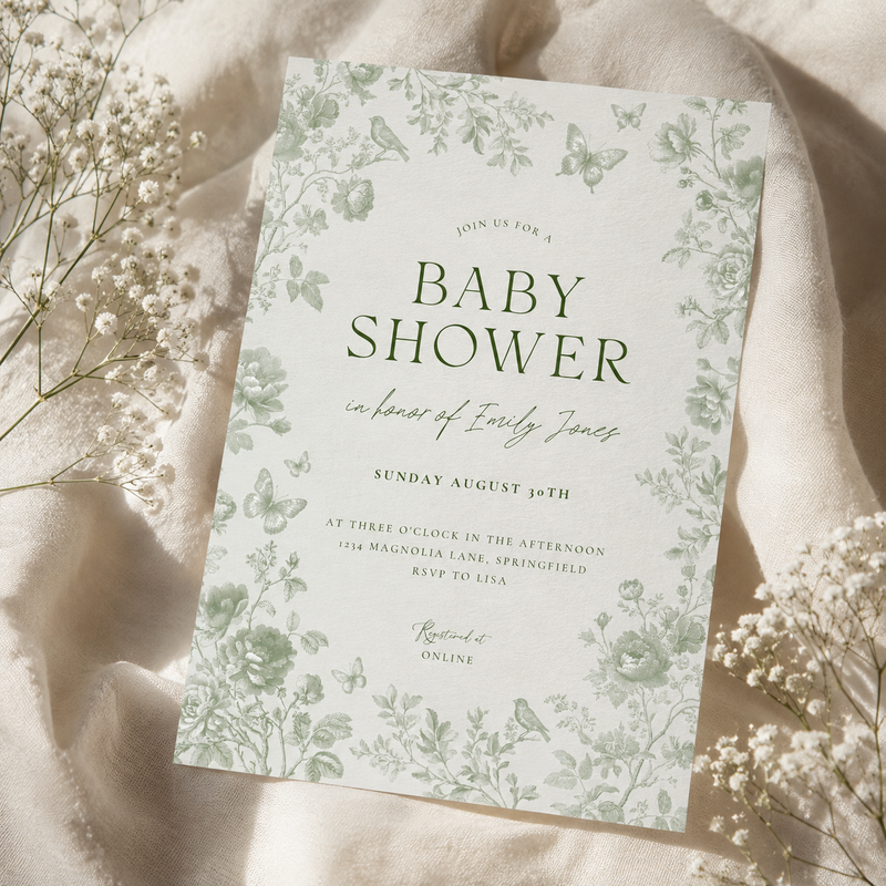 Sage Green Toile Baby Shower Invitation Bundle BS187