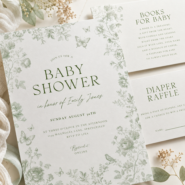 Sage Green Toile Baby Shower Invitation Bundle BS187