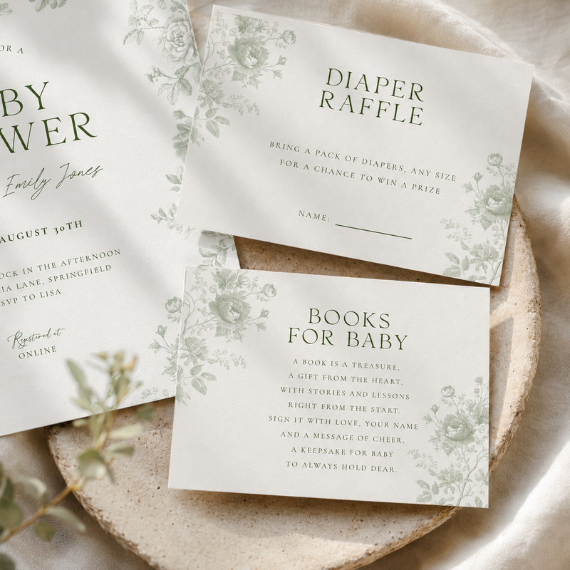 Sage Green Toile Baby Shower Invitation Bundle BS187