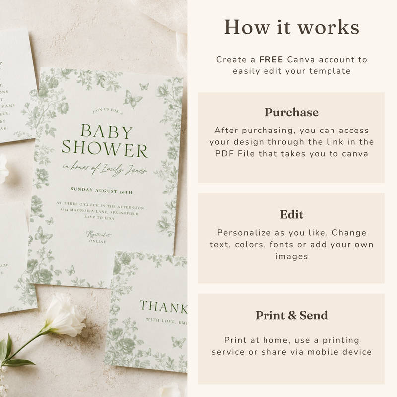 Sage Green Toile Baby Shower Invitation Bundle BS187