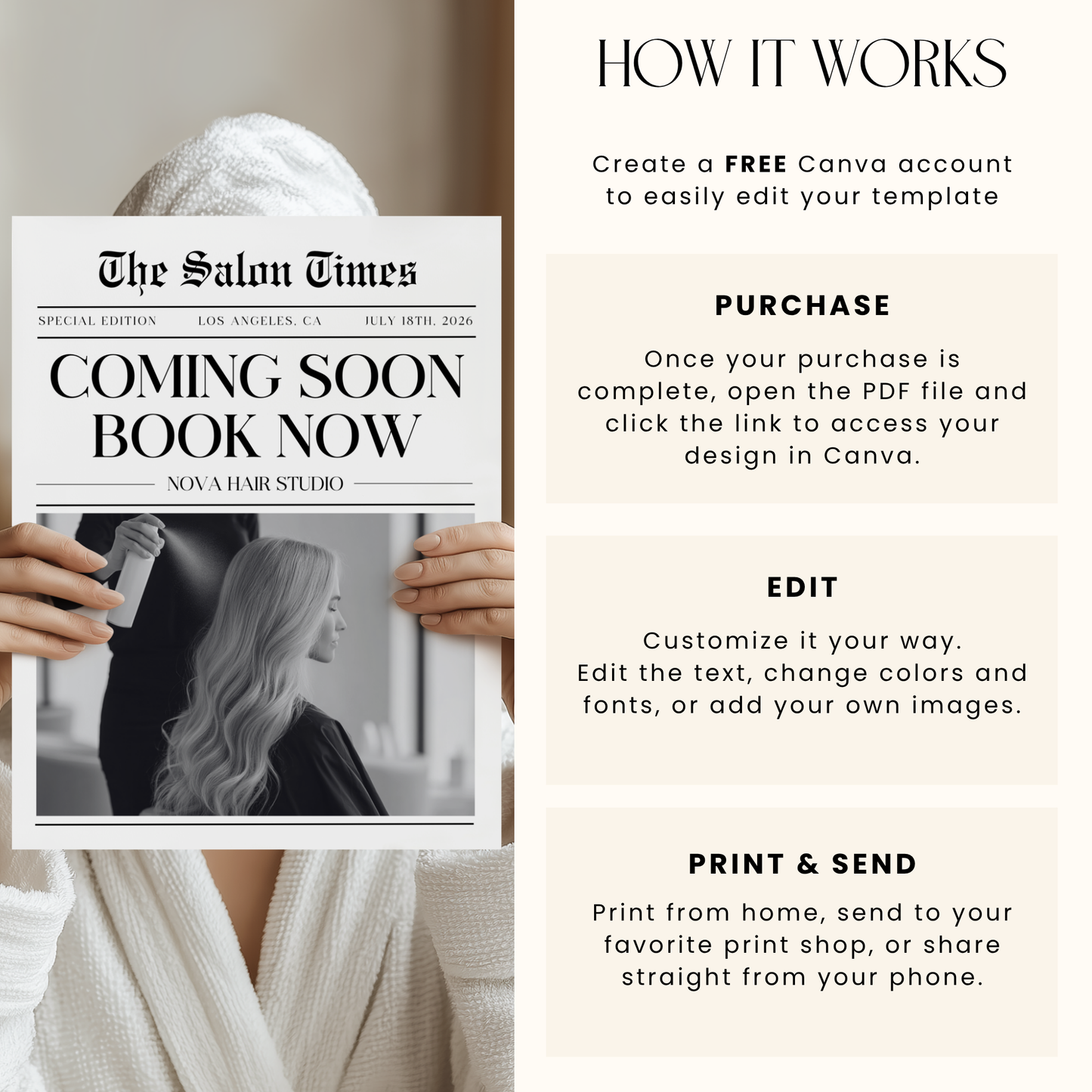 Editable Hair Business Newspaper Template Coming Soon L63
