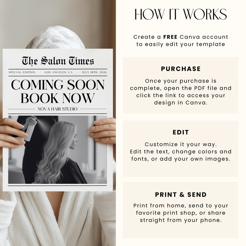 Editable Hair Business Newspaper Template Coming Soon L63