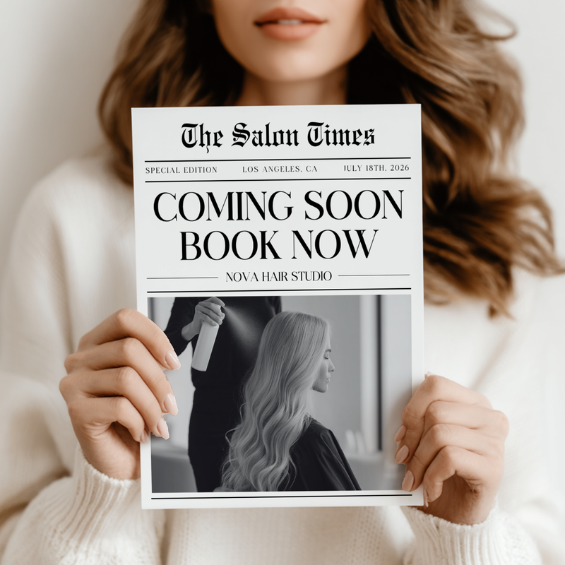 Editable Hair Business Newspaper Template Coming Soon L63