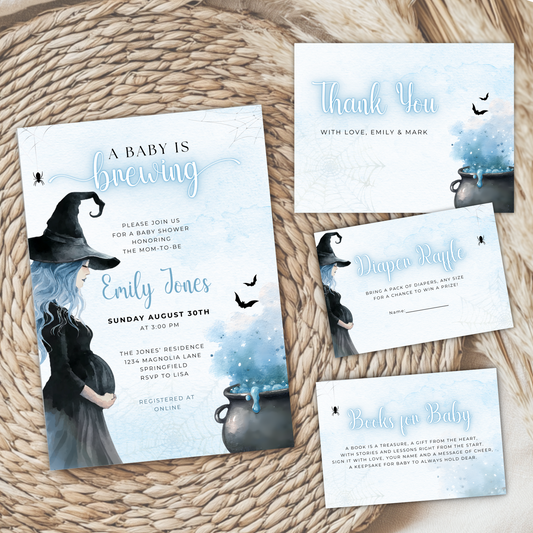 Baby Shower Invitation Bundle - A Baby Is Brewing Halloween Witch Blue BS200