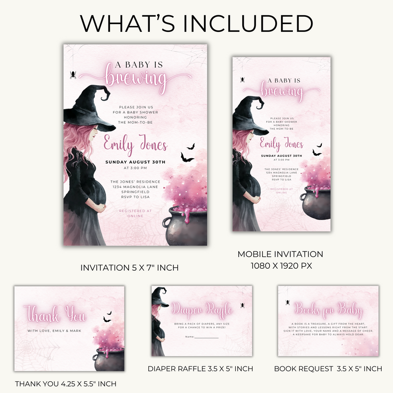 Baby Shower Invitation Bundle - Pink Halloween A Baby Is Brewing BS200