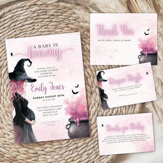 Baby Shower Invitation Bundle - Pink Halloween A Baby Is Brewing BS200