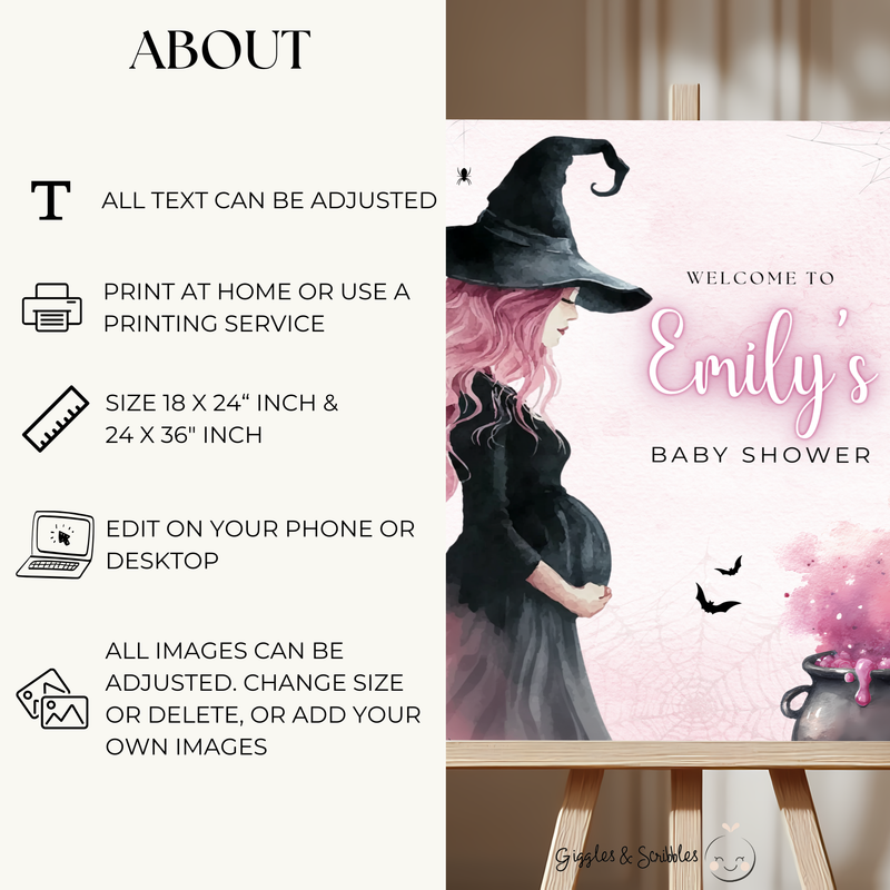Baby Shower Welcome Sign - Pink Witch Halloween Brewing BS200
