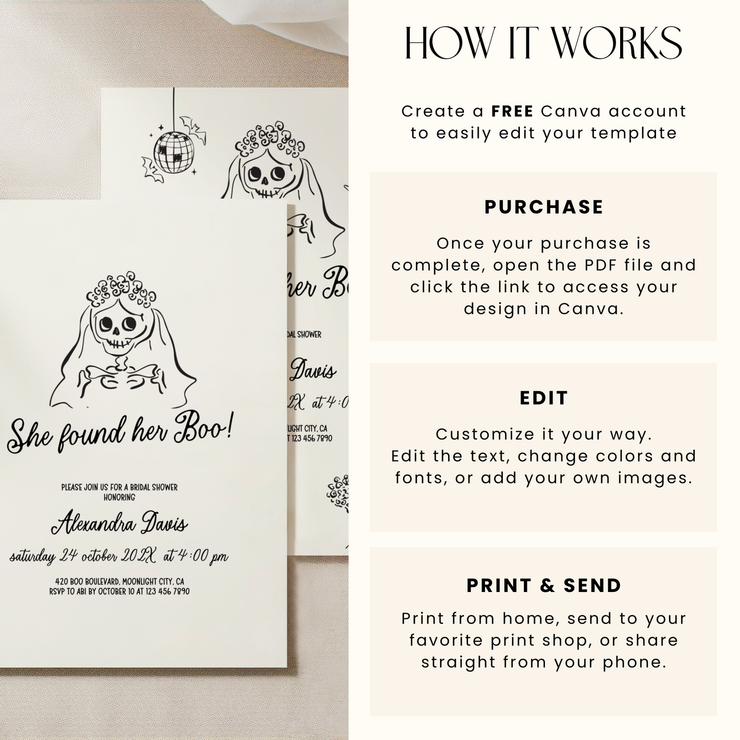 She Found Her Boo Halloween Bridal Shower Invitation Hand Drawn Template L46