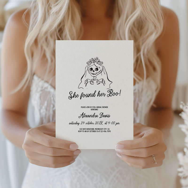 She Found Her Boo Halloween Bridal Shower Invitation Hand Drawn Template L46