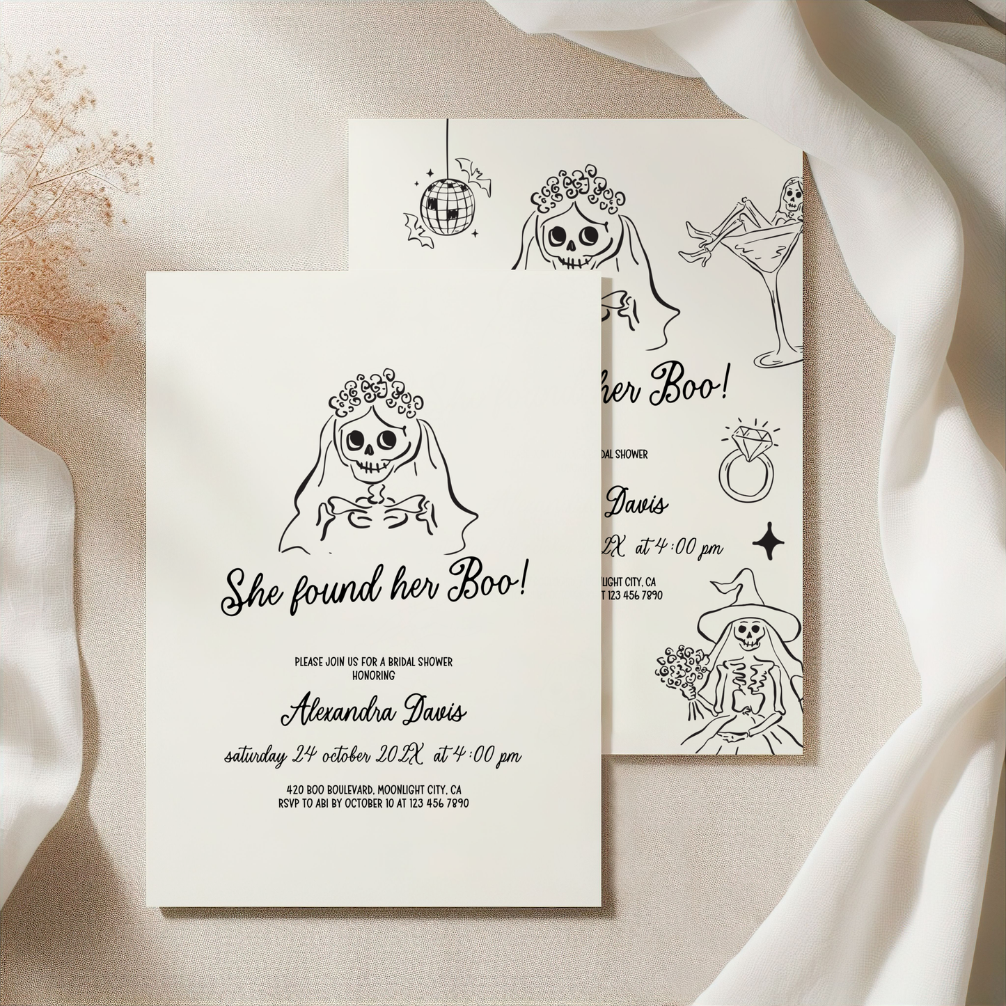 She Found Her Boo Halloween Bridal Shower Invitation Hand Drawn Template L46