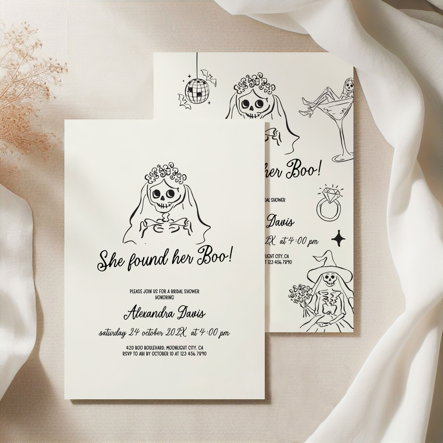 She Found Her Boo Halloween Bridal Shower Invitation Hand Drawn Template L46