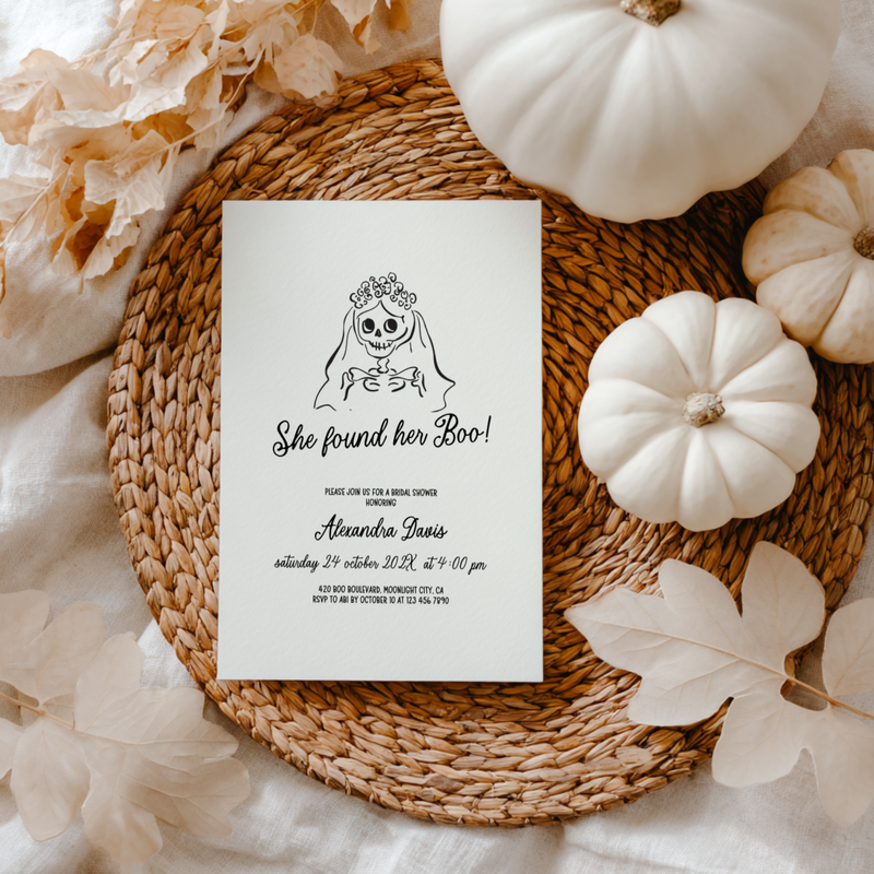 She Found Her Boo Halloween Bridal Shower Invitation Hand Drawn Template L46