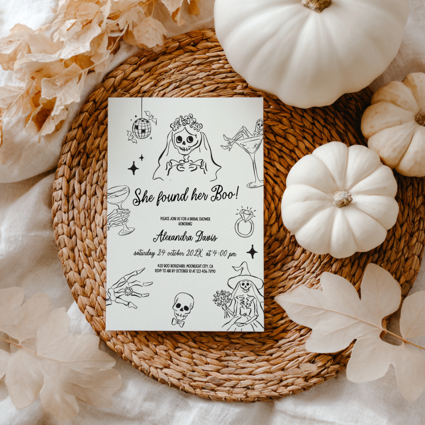 She Found Her Boo Halloween Bridal Shower Invitation Hand Drawn Template L46