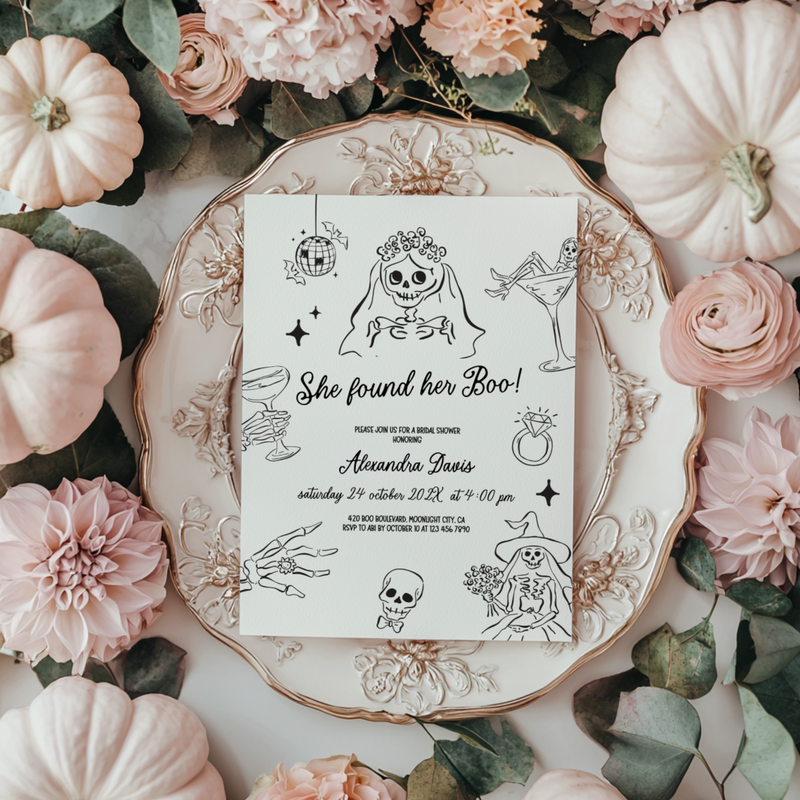 She Found Her Boo Halloween Bridal Shower Invitation Hand Drawn Template L46